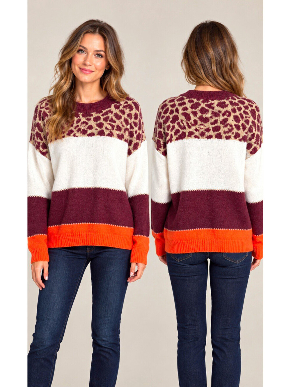 Umgee Women’s M Burgundy Ivory Orange Colorblock Animal Crew Neck Knit Pullover
